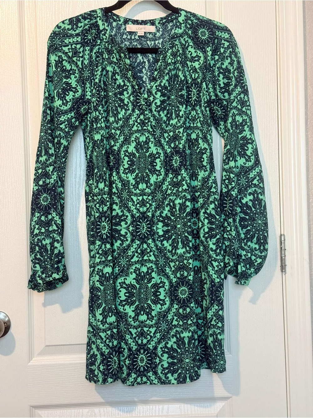 LOFT Mint Green and Black Printed Long Sleeve Dress